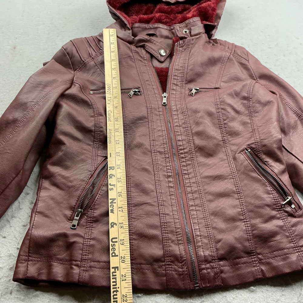 Burgundy Faux Leather Hooded Moto Jacket Faux Fur Lined Pockets Med Streetwear - Picture 8 of 16
